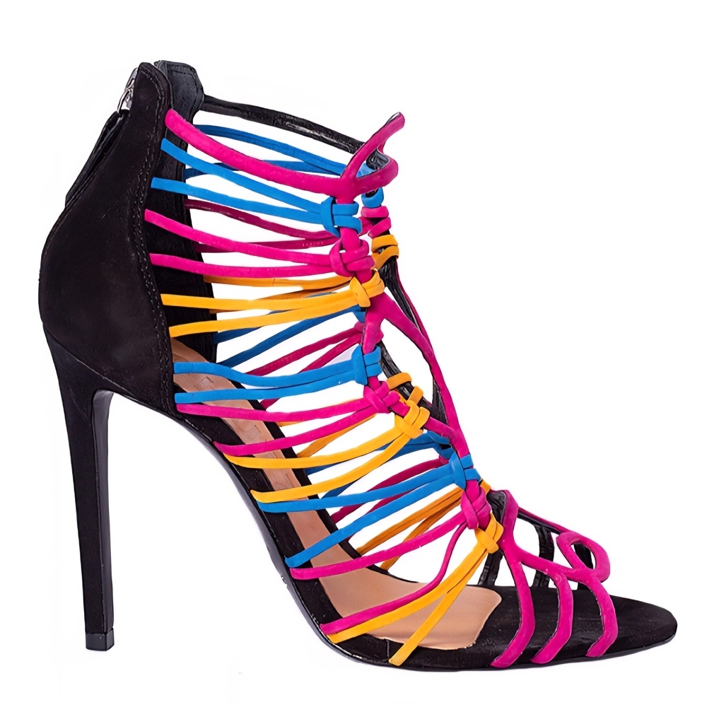 SCHUTZ Black High Heel Sandals with Pink, Blue & Yellow Straps